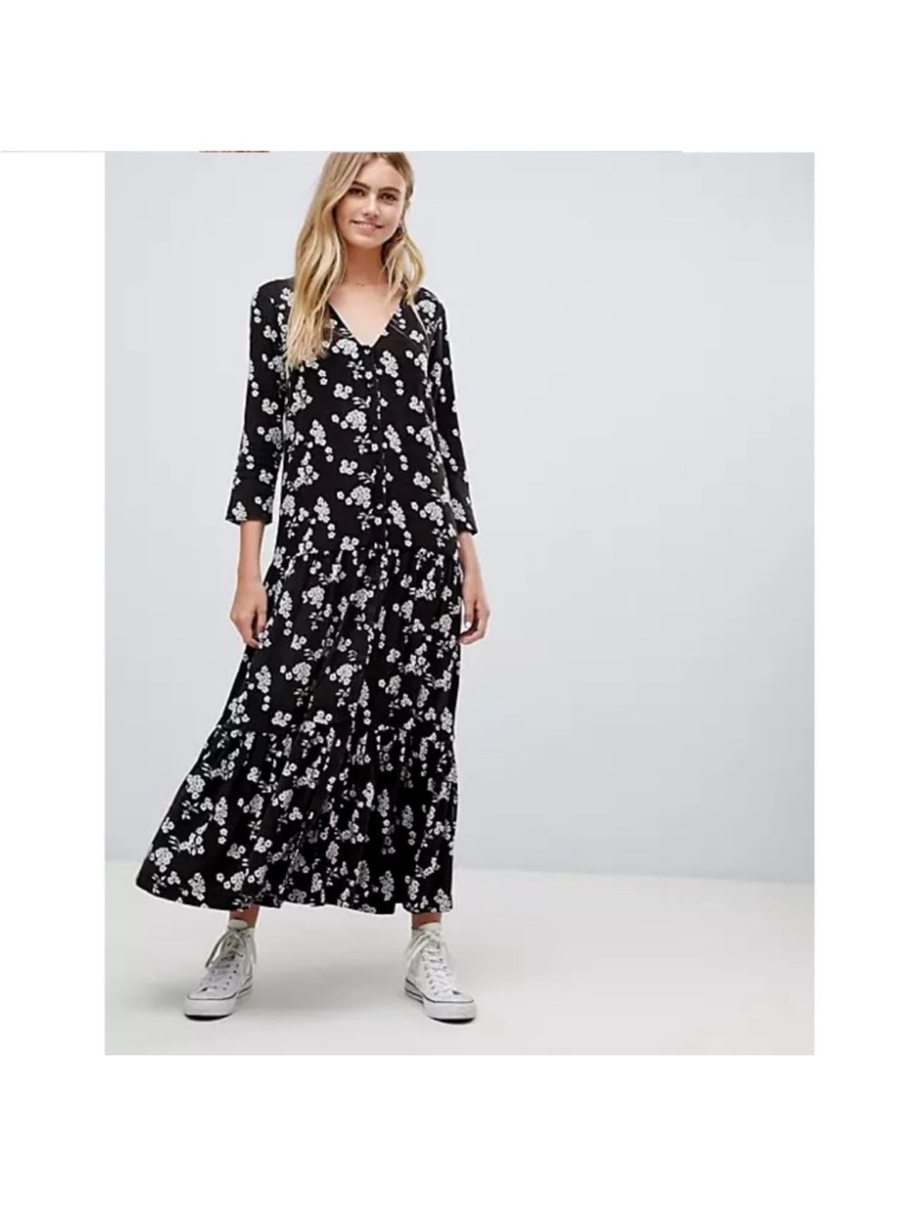 ASOS Black Floral V‑Neck Tiered Maxi Dress